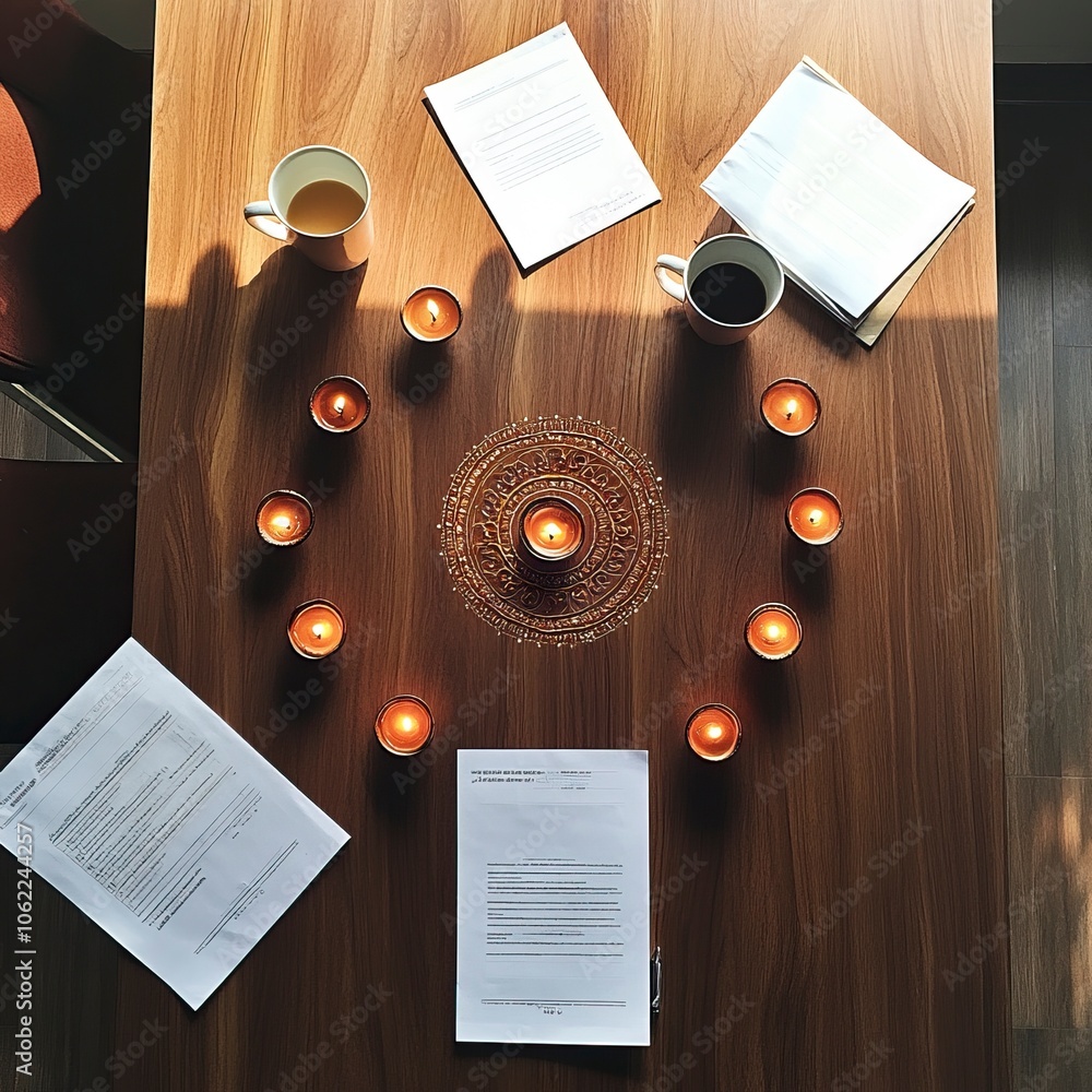 Poster top view of a desk in a corporate office. the center of the desk is left empty. minimal diwali eleme