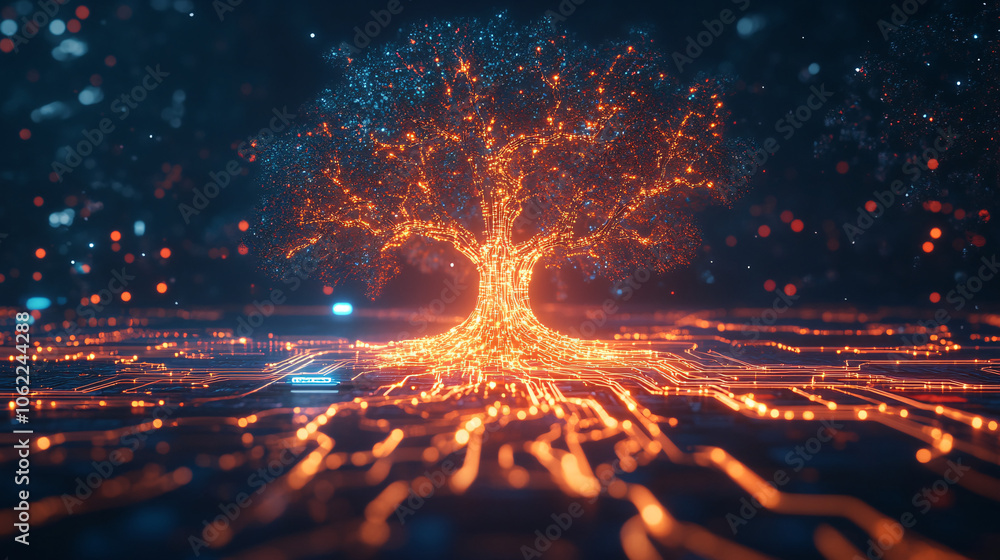 Poster a glowing tree with roots made of digital circuits, symbolizing the foundational strength of a busin