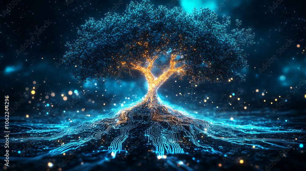 Poster a glowing tree with roots made of digital circuits, symbolizing the foundational strength of a busin