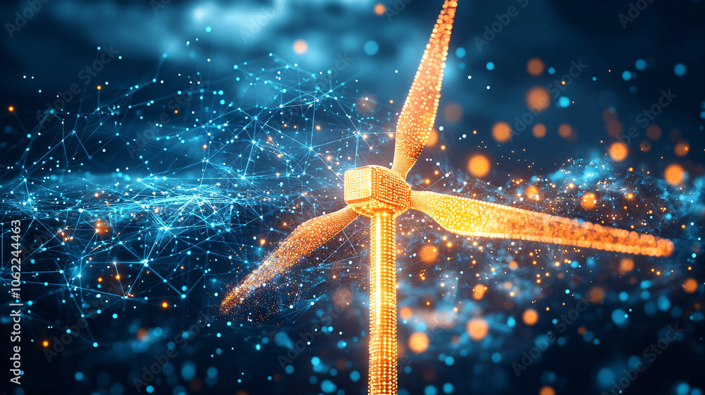 Poster A glowing windmill with spinning blades surrounded by data particles, representing renewable energy adaptation in farming and efficient resource use. 