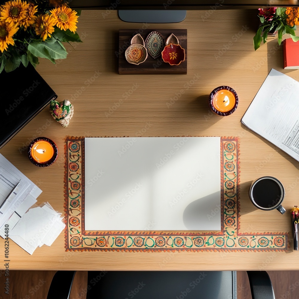 Poster top view of a desk in a corporate office. the center of the desk is left empty. minimal diwali eleme