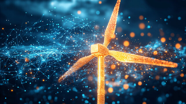 A glowing windmill with spinning blades surrounded by data particles, representing renewable energy adaptation in farming and efficient resource use. 