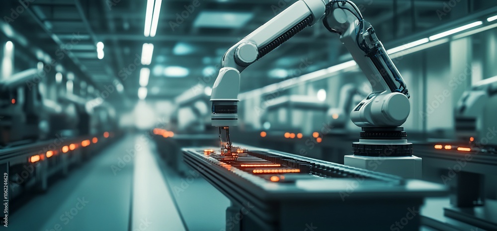 Fototapete automated robotic arm in factory assembly line, working on a conveyor belt.