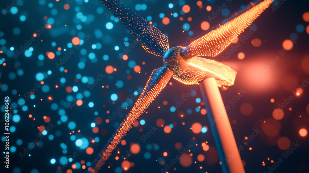 Poster a glowing windmill with spinning blades surrounded by data particles, representing renewable energy 