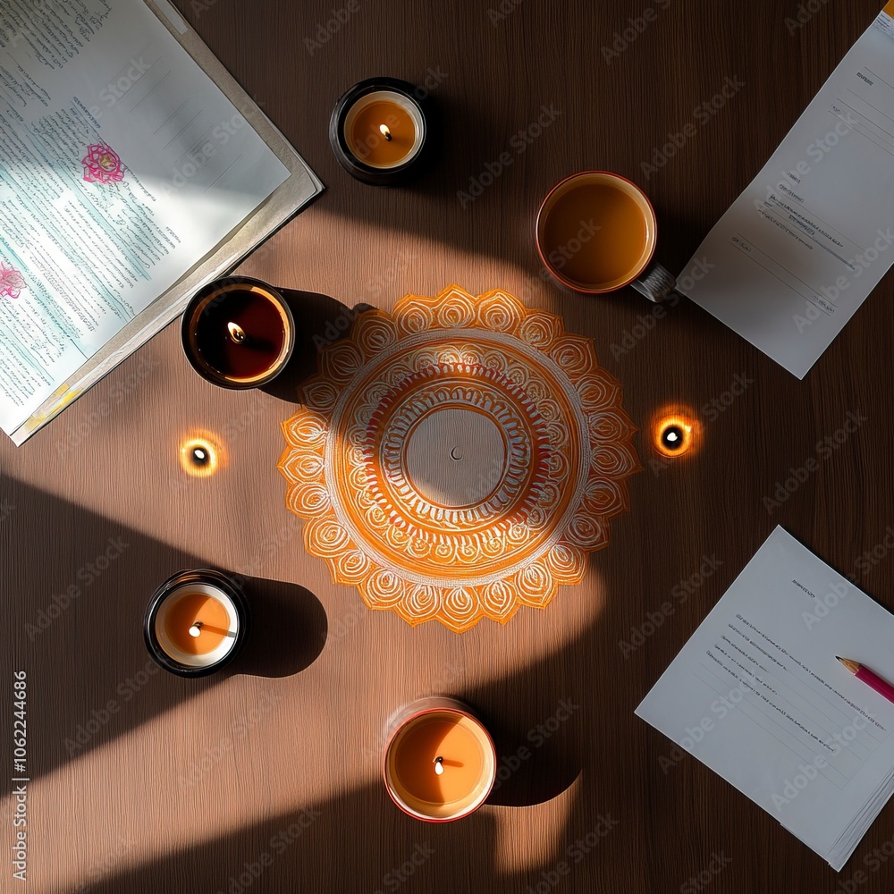 Poster top view of a desk in a corporate office. the center of the desk is left empty. minimal diwali eleme