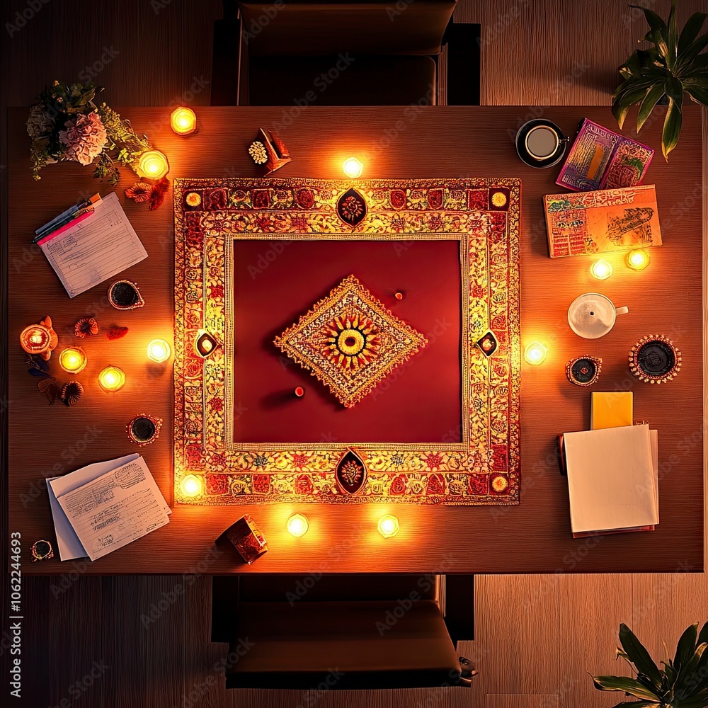 Poster top view of a desk in a corporate office. the center of the desk is left empty. minimal diwali eleme