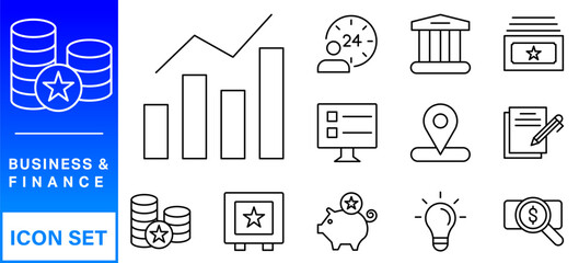 Business and Finance web icons in line style. Money, bank, contact, infographic. Icon collection. Vector illustration