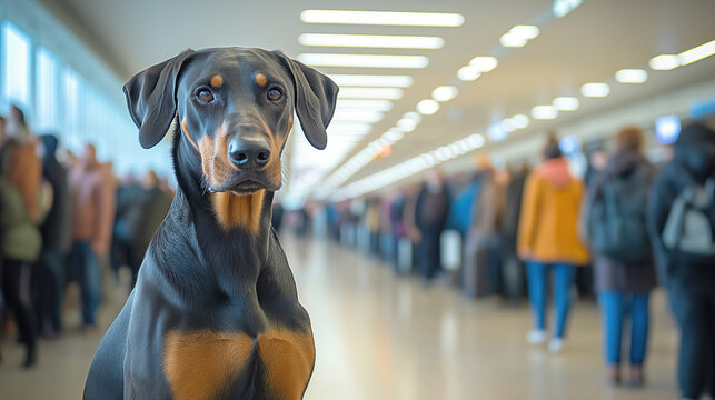 Doberman in a busy terminal: canine elegance amidst human commotion