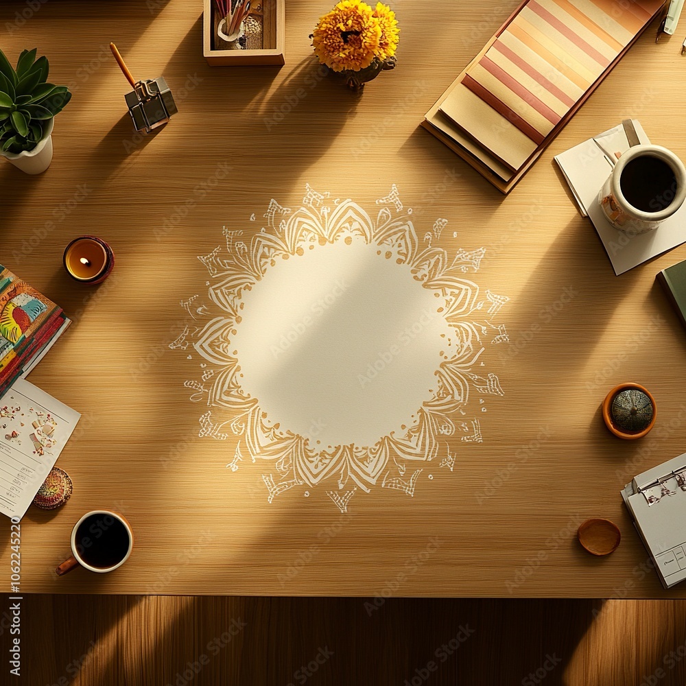 Poster top view of a desk in a corporate office. the center of the desk is left empty. minimal diwali eleme