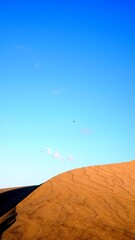 Curve of golden sand dune summit with clear sky and isolated white clouds
