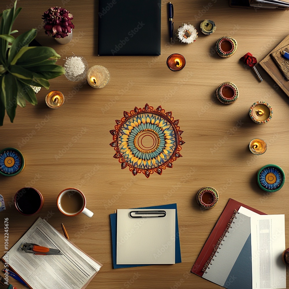 Poster top view of a desk in a corporate office. the center of the desk is left empty. minimal diwali eleme