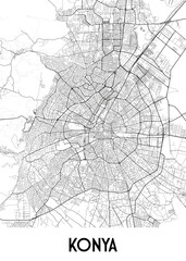 Fototapeta premium Map of Konya, Turkey. The map is rendered in black and white, with a minimalist aesthetic. It features a comprehensive network of roads, streets, and waterways.