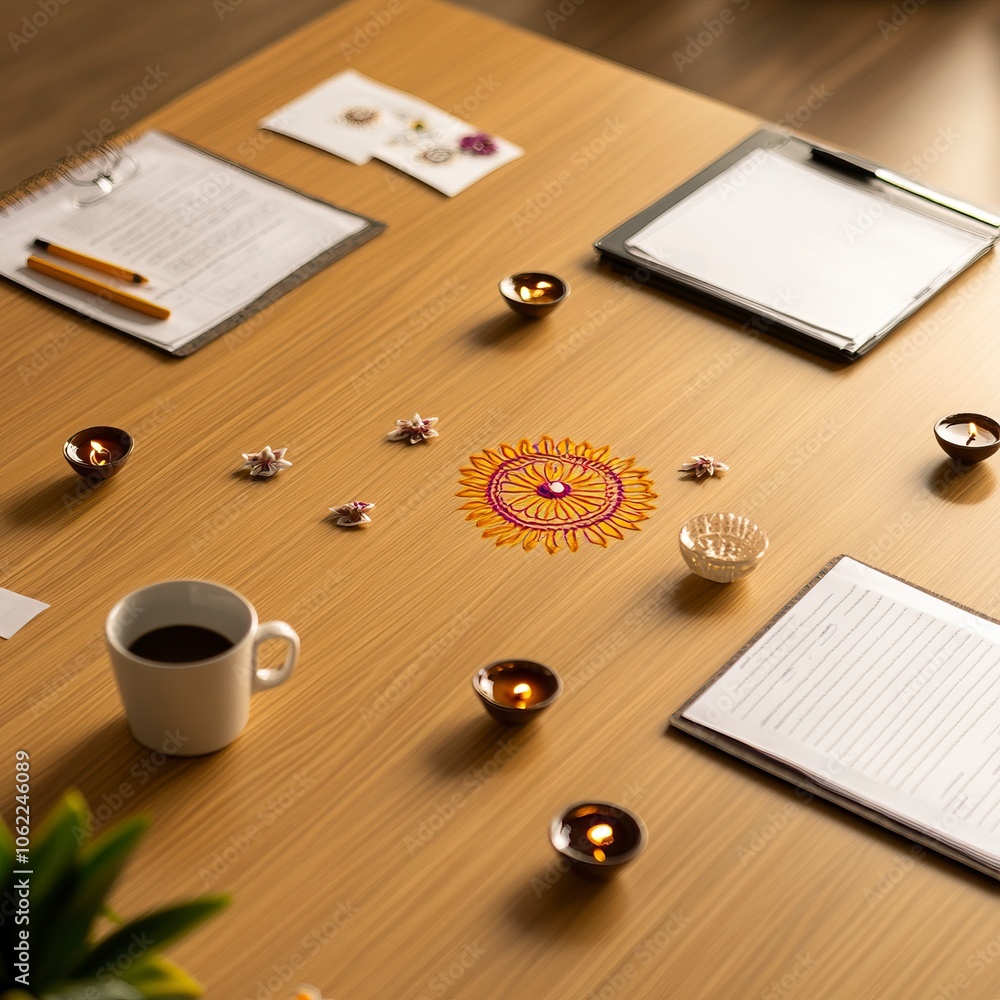 Poster top view of a desk in a corporate office. the center of the desk is left empty. minimal diwali eleme