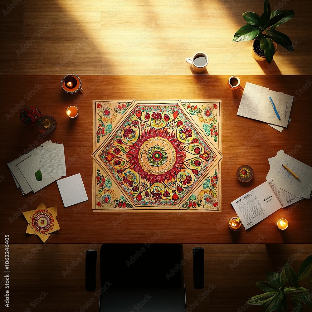 Poster top view of a desk in a corporate office. the center of the desk is left empty. minimal diwali eleme