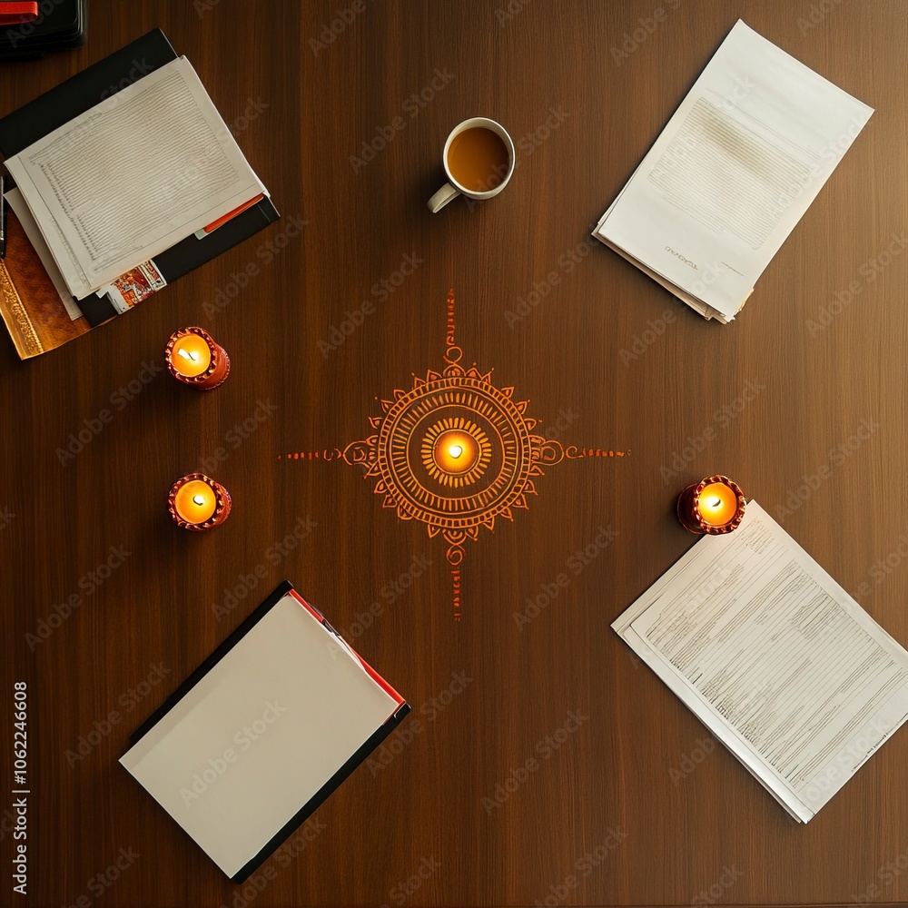 Poster top view of a desk in a corporate office. the center of the desk is left empty. minimal diwali eleme