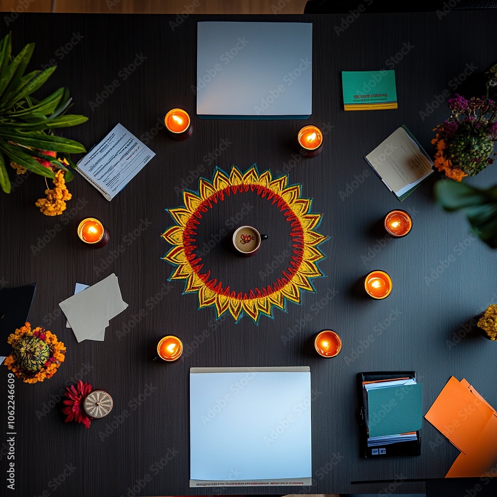 Poster top view of a desk in a corporate office. the center of the desk is left empty. minimal diwali eleme