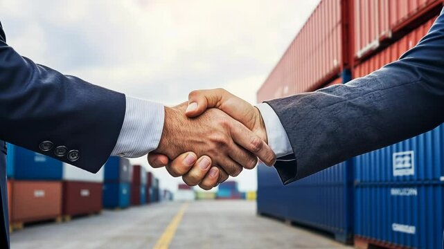 Two businessmen shake hands in front of a row of shipping containers