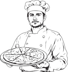 Chef Holding Pizza Outline Vector Illustration