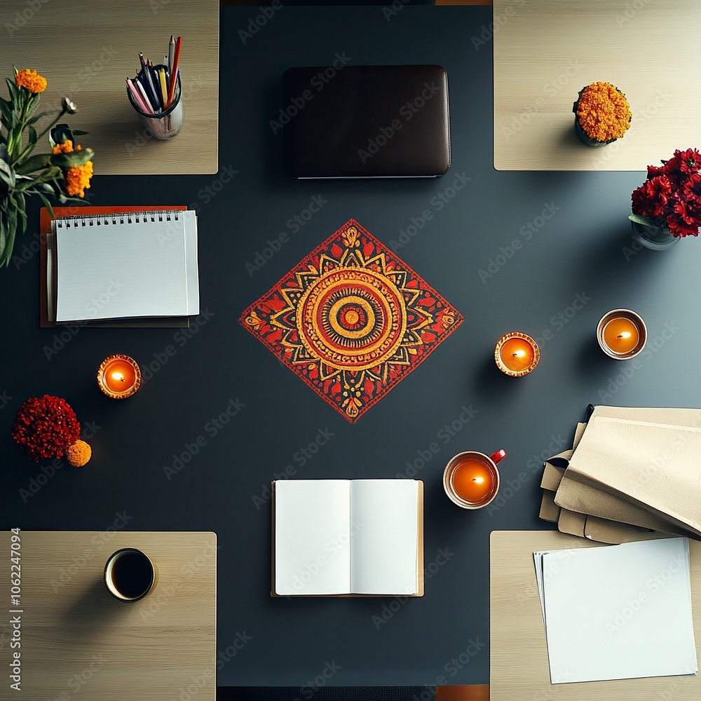 Poster top view of a desk in a corporate office. the center of the desk is left empty. minimal diwali eleme