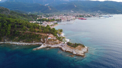 Scenic Aerial View of Thassos Coastline and Harbor, Greece