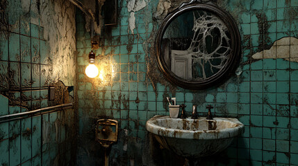 A haunted bathroom with old cracked tiles, a flickering lightbulb, and a mirror that seems to reflect more than just the room. 