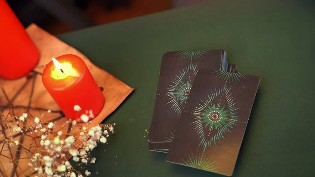 Adorable dog in a mystical setting, placing a paw on tarot cards beside a glowing candle. perfect for themes of fortune-telling, pets, and spirituality.