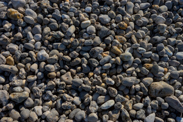 Texture de fond de galets gris bleutés sur une plage