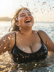 Obraz premium A plus-size woman enjoying the sea, embracing the waves with confidence and freedom