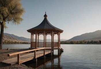 Obraz premium A gazebo by a lake with mountains in the background