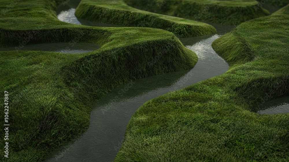 Poster a grassy field with a river running through it