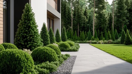Obraz premium Scandinavian style garden with Pine, spruce, low-growing coniferous trees, in the courtyard of the house 