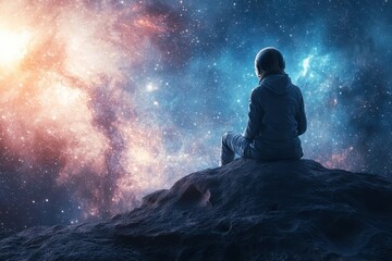 Obraz premium Astronaut gazing at the cosmos from a rocky asteroid during a serene night in space