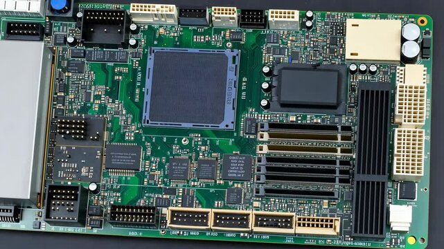 A green computer motherboard with a large processor, multiple slots, and connectors, sitting on a black surface