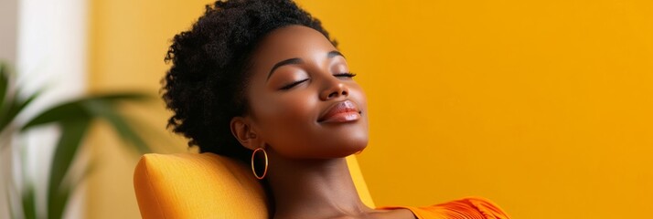 Smiling Black Hispanic woman enjoying home; use warm, vibrant palette 