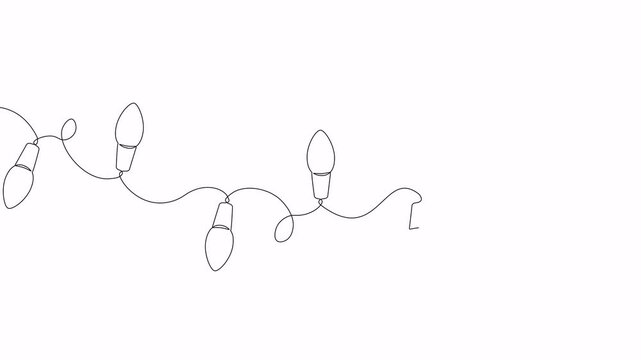Video. Festoon, garland with bulbs drawing with one editable continuous line. Festive, Christmas garland in simple linear style. Separating frame for banner. Animation on white background 4K.