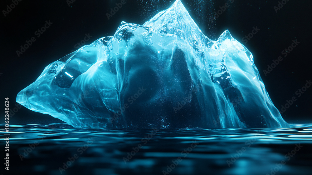 Poster a holographic iceberg, where the submerged part reveals complex business data and agility metrics dr