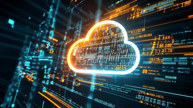 A glowing cloud icon is displayed over a background of digital code, suggesting the concept of cloud computing