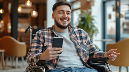 Smiling disabled man in wheelchair using smartphone in cozy cafe setting