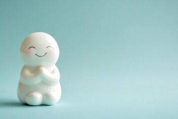 Smiling figurine on blue backdrop with minimalist vibe