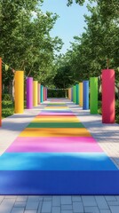 A vibrant pathway featuring colorful pillars and a rainbow-hued carpet, inviting joy and celebration.