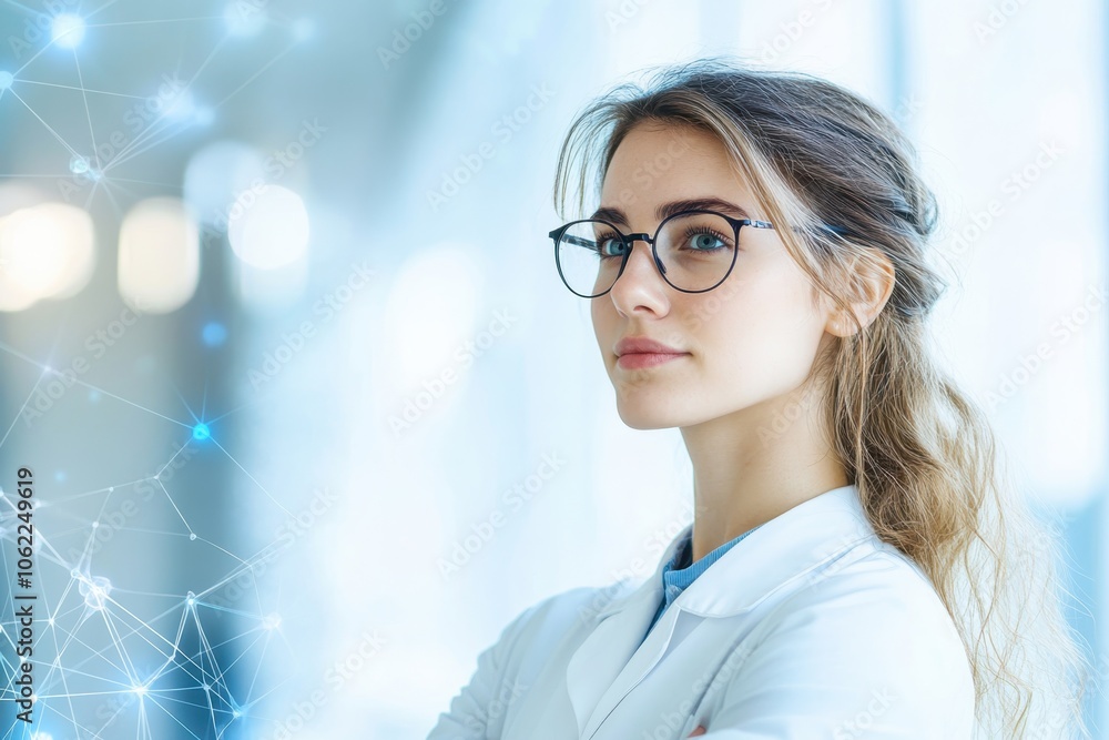 Poster confident scientist in a lab coat reflects on research in a modern laboratory setting