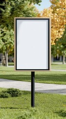 A blank outdoor advertisement billboard stands tall amidst lush greenery and trees, ready for new messages.
