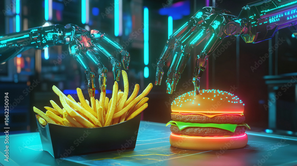 Poster a neon burger and fries being assembled by robotic arms with data symbols representing agility in fa