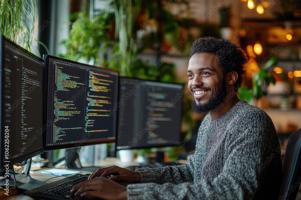 Aufkleber young developer working on multiple screens in a bright workspace during the day