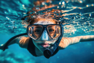 Naklejka premium A young diver exploring the underwater world amidst bubbles and sunlight in a serene ocean
