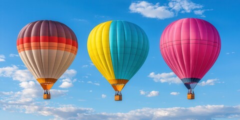 Obraz premium Colorful hot air balloons floating in clear blue sky, creating joy