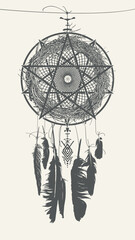 vector banner on the theme of paganism, magic and witchcraft with bird feathers and dreamcatcher in the folk style