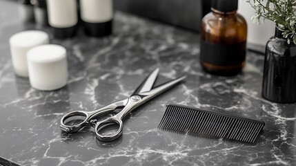 Close up of barber tools scissors and comb on a marble countertop with hair products.