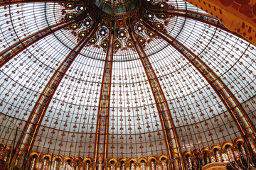 Glass dome of the luxury shopping mall Galeries La Fayette in Paris, France
