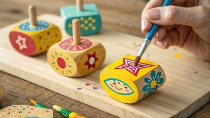 Hand painting colorful dreidels for Hanukkah celebration on a wooden surface
